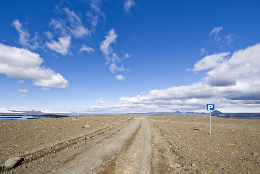 A parking space in the desolate landscape of Sprengisandur.