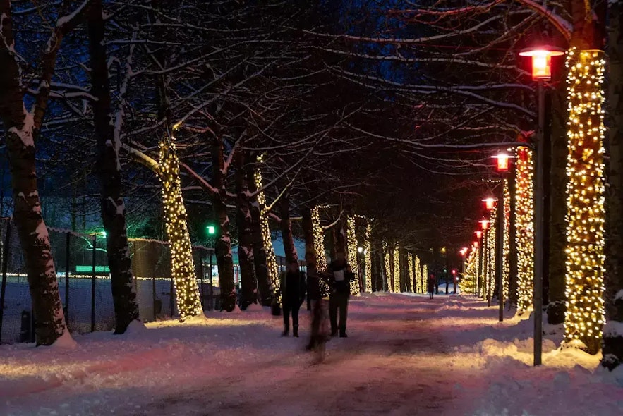 Laugardalur valley in Reykjavik gets decorated in lights during the Christmas season