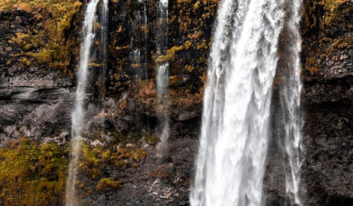 Discover the enchanting Seljalandsfoss, a picturesque waterfall that invites you to stroll behind its veil.