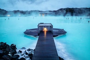 Steam rises from the geothermal waters of the Blue Lagoon spa in Iceland.
