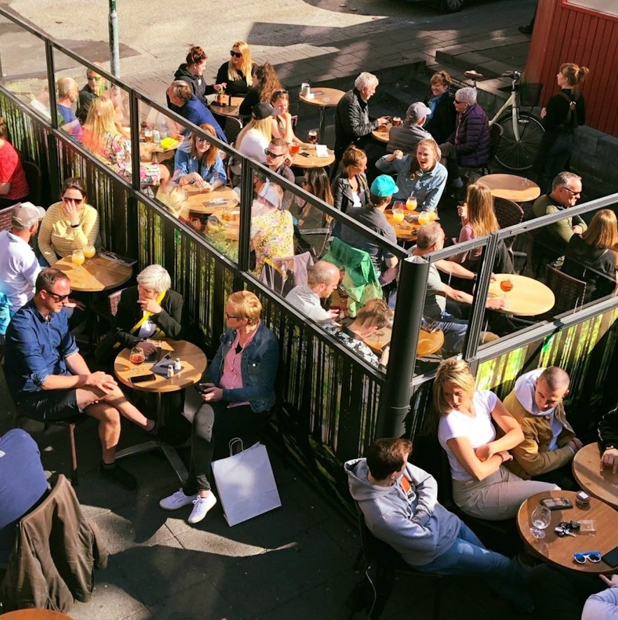 The outside area at Bastard in Reykjavik is a great place to relax and enjoy a sunny day in Iceland