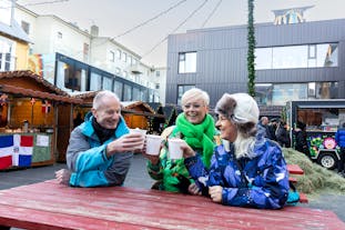 Happy people toasting their drinks with their private guide during a Christmas food tour in Reykjavik.