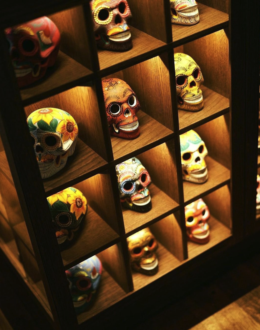 A collection of Calavera skulls on display at Tres Locos in downtown Reykjavik