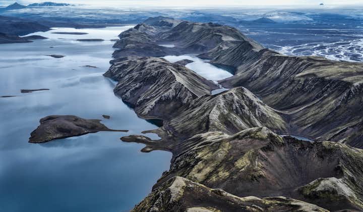 The spectacular highland lake of Langisjor in Iceland, photographed from above.