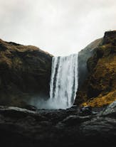 Skogafoss waterfall on the South Coast of Iceland has a wide cascade.