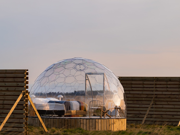 An Aurora Igloo glamping pod, with two wooden fences either side for privacy.
