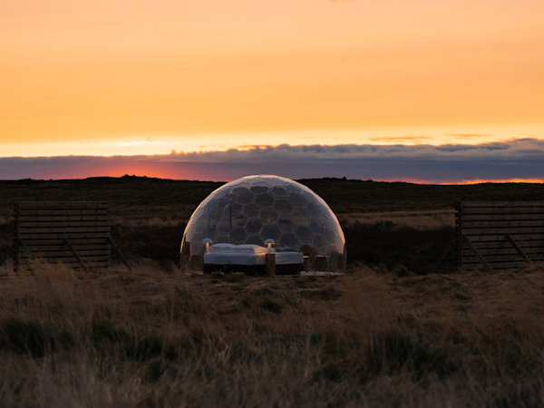 One of the pods at Aurora Igloo, under a beautiful sunset.