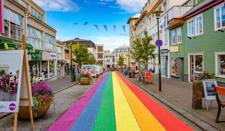 Reykjavik's 'Rainbow Road' has public artworks, bars, restaurants, and souvenir shops.
