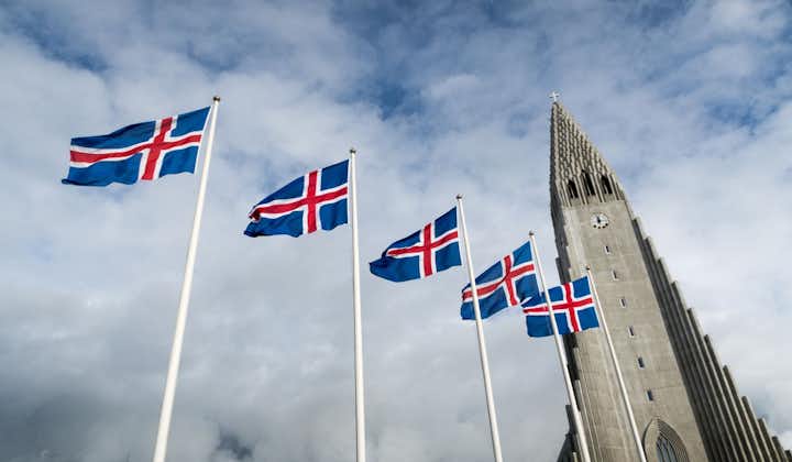 A row of Icelandic flags lead to Hallgrimskirkja church.