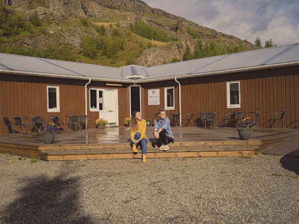 The patio at Fljotsdalsgrund, where guests unwind, share stories, and immerse themselves in the peaceful surroundings.