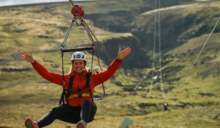 Traverse an expansive 0.6-mile (1-kilometer) stretch on Mega Zipline, capturing the sheer excitement of this heart-pounding Icelandic adventure.