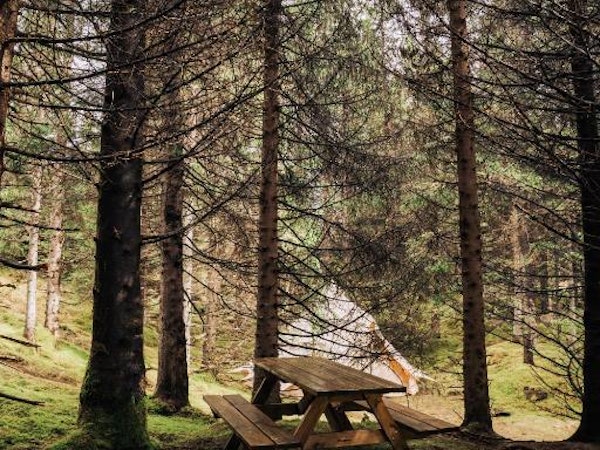 A picnic bench at the Golden Circle Tents Glamping Experience.