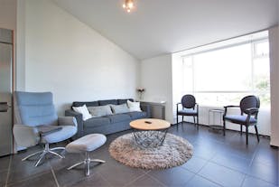  De woonkamer in een van de Odinn Reykjavik Odinsgata appartementen met een bank, stoelen en een salontafel.