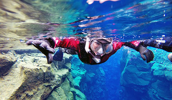 穿着干衣在丝浮拉大裂缝中浮潜，领略晶莹剔透的冰岛水下世界