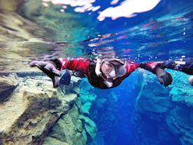 穿着干衣在丝浮拉大裂缝中浮潜，领略晶莹剔透的冰岛水下世界