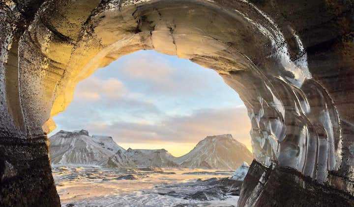 The view over the mountains from an ice cave in South Iceland.