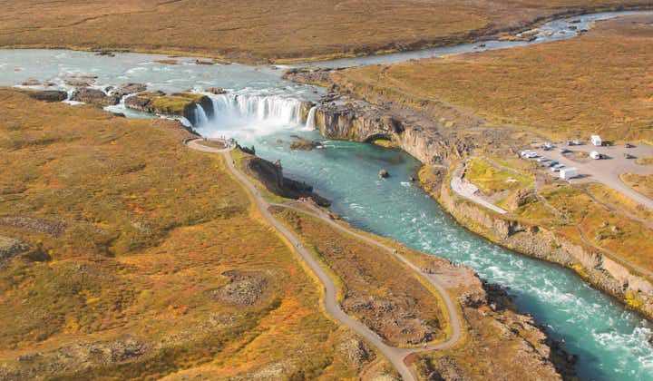 Lush valleys surround the Godafoss waterfall in North Iceland.