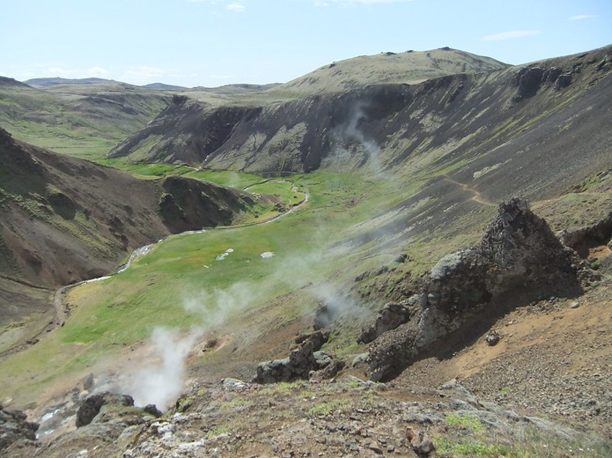 Steam rises from a hot spring in the Reykjadalur Valley near the Hveragerdi Geothermal Park.