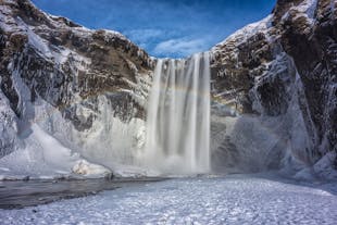 The Skogafoss waterfall remains captivating even in winter.