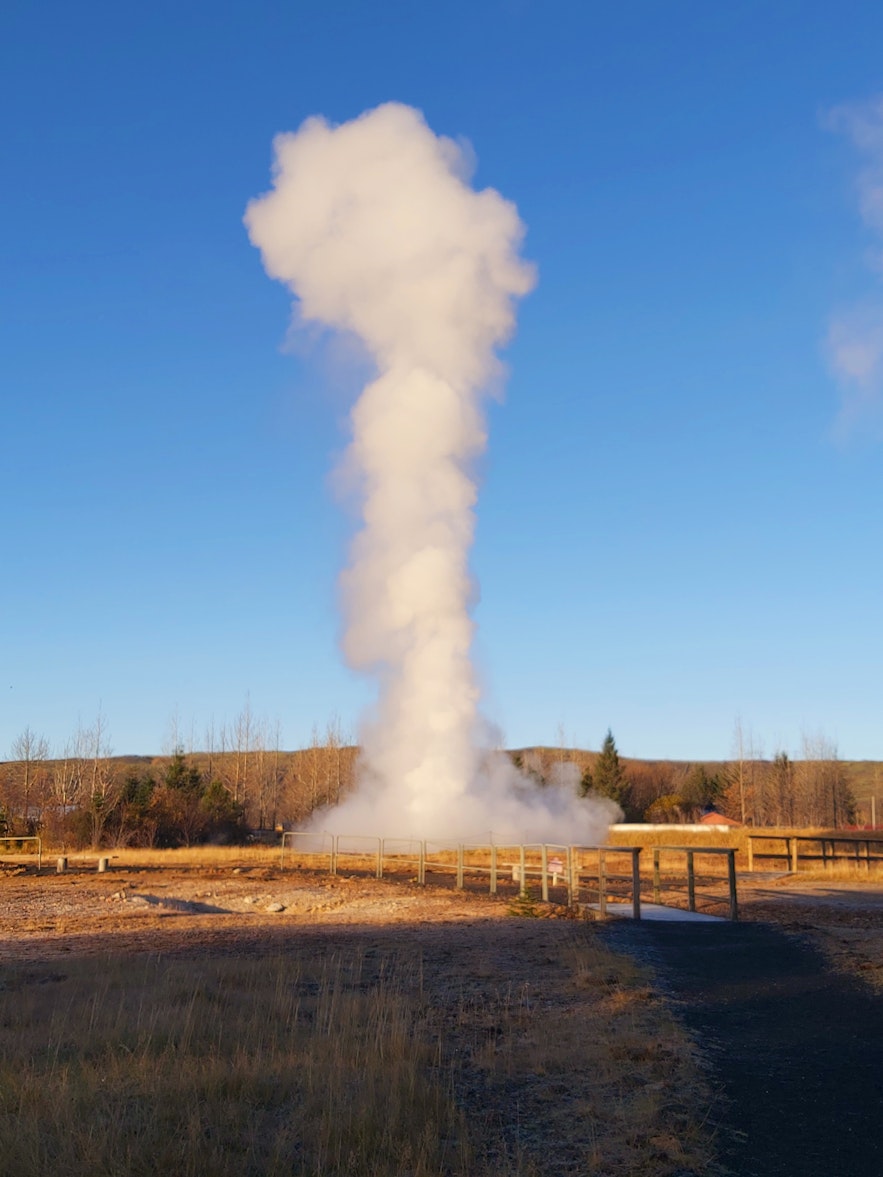 A cloud of steam rises dramatically from the ground at the Hveragerdi Geothermal Park.