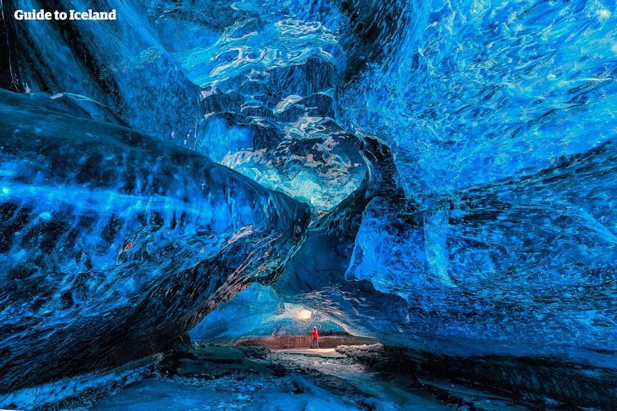Natural ice cave in winter near the glacier lagoon