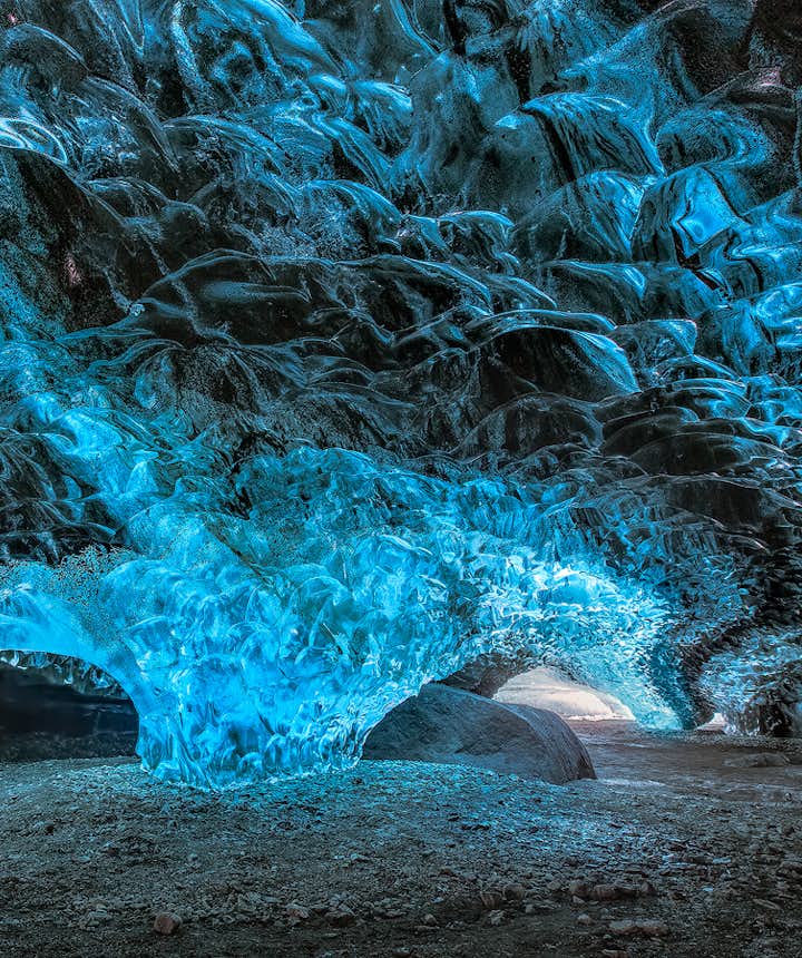 Inside a glacial ice cave in Iceland