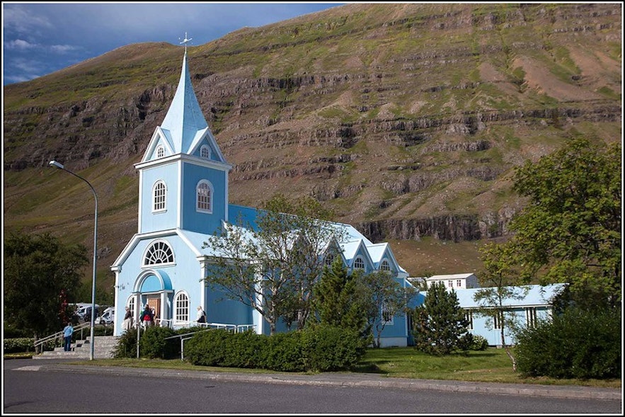 Seydisfjordur has a beautiful blue church.