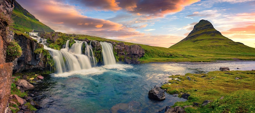 Capture the perfect combination of the Kirkjufell mountain and the nearby waterfall