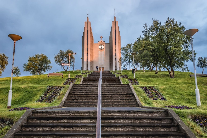Akureyrakirkja church is the most iconic landmark of Akureyri and North Iceland