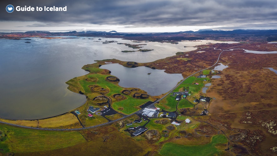 A wide lake, wetlands, and geothermal areas comprise the Myvatn area in North Iceland.
