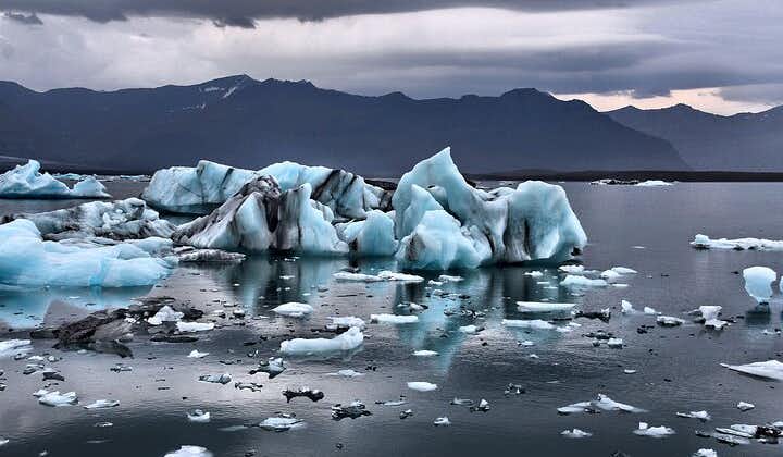 Large icebergs float in Iceland's Jokulsarlon glacier lagoon.