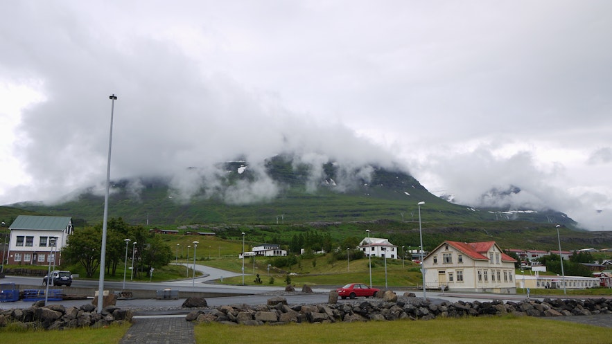 Reydarfjordur village is surrounded by mountains and fjords.