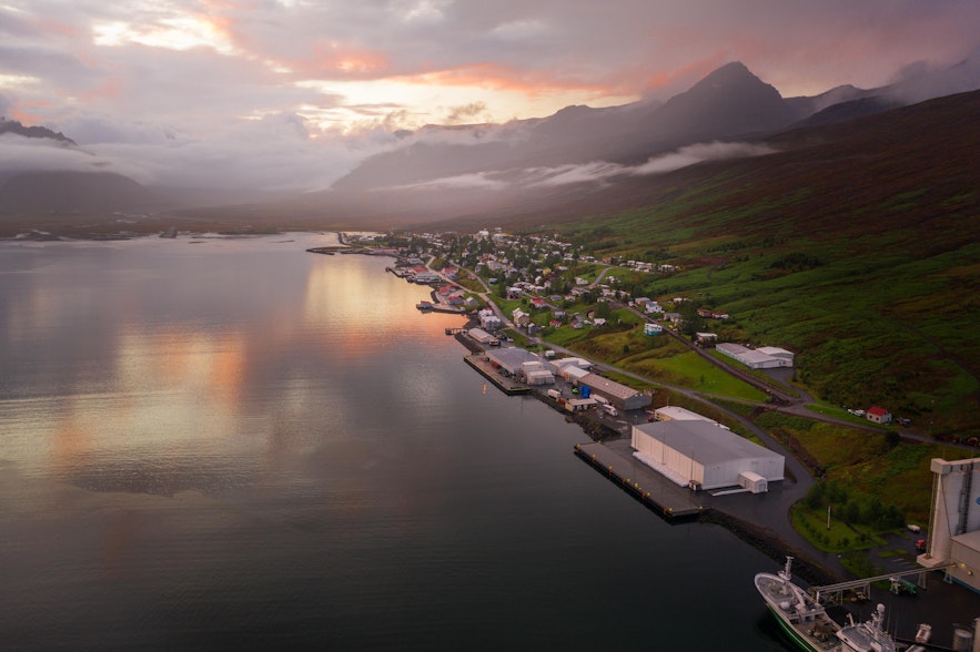 A panoramic view of Faskrudsfjordur village surrounded by mountains and a fjord.