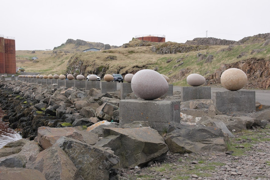 The Eggs of Merry Bay is a collection of sculptures representing the local birdlife by Icelandic artist Sigurdur Gudmundsson.