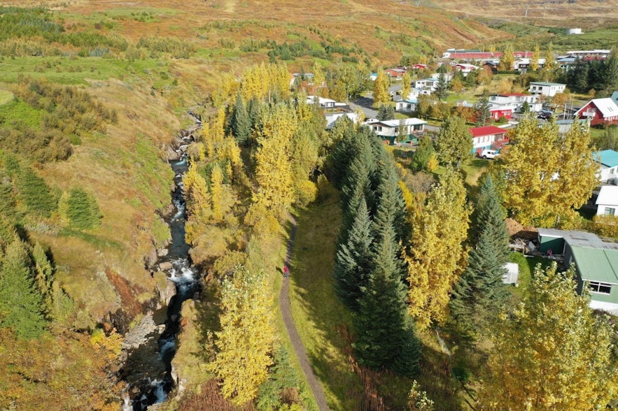 The Budara canyon and river snake through the village of Reydarfjordur in Iceland.