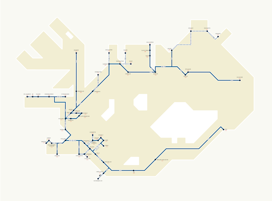Eine Karte mit bestimmten Busrouten  in Island