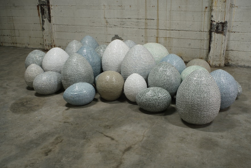 An egg sculpture collection at ARS LONGA contemporary art museum in Djupivogur.