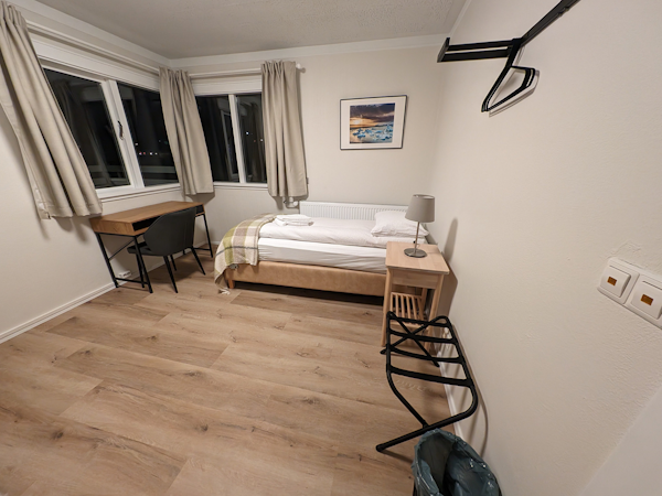A solo bedroom setup at the Stykkisholmur Inn.