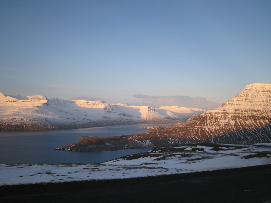 Holmatindur and other peaks of East Iceland are covered in snow during winter.