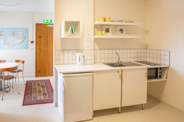 A small kitchen with appliances at Guesthouse Sunna's apartments.