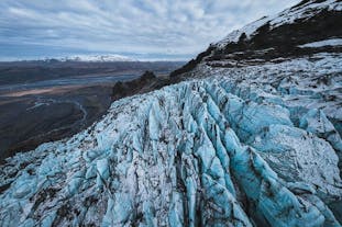 The jagged icy terrain of the Solheimajokull glacier on Iceland's South Coast.