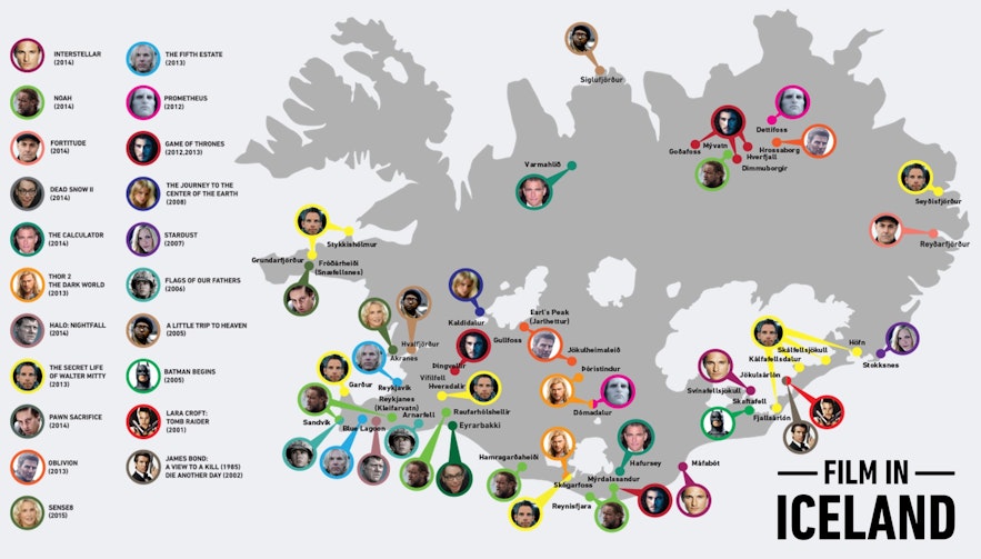 Carte des lieux de tournage de films et séries en Islande