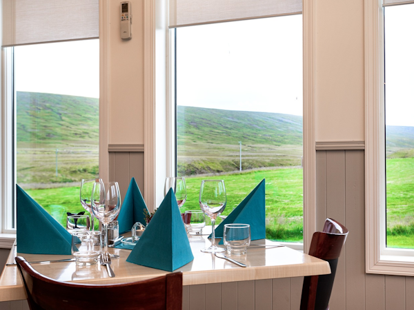 The restaurant overlooks the beautiful farm valley of Sireksstadir.