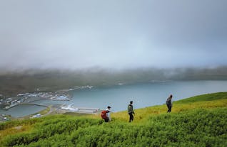 People hiking in the lush green hills above Seydisfjordur.