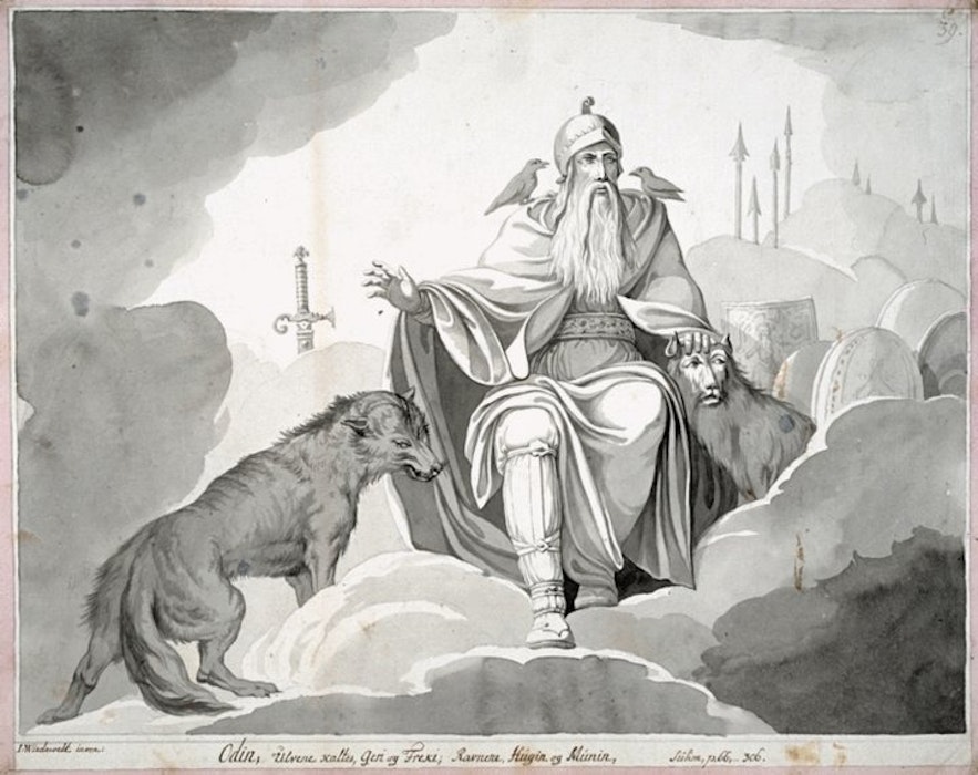 Odin sitting alongside his ravens, Huginn and Muninn, and his wolves, Geri and Freki.
