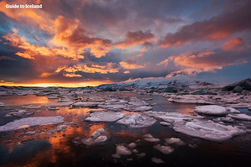 The Jokulsarlon glacier lagoon at sunset.