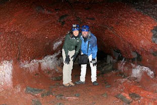 The colouration within Leiðarendi cave on the Reykjanes Peninsula is intense and bright due to the elements brought up in its formation.