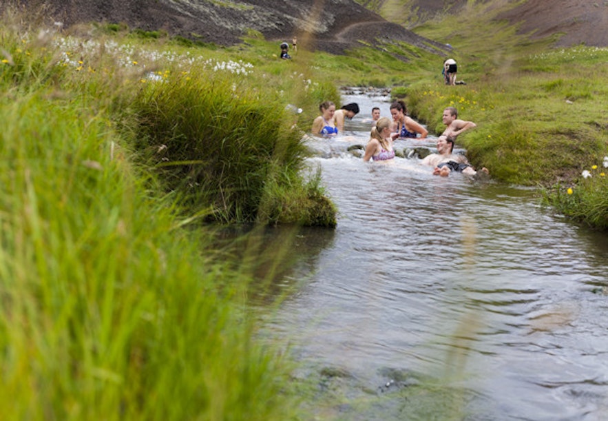 The geothermal valley of Reykjadalur is one of the most popular areas for hot springs bathing.