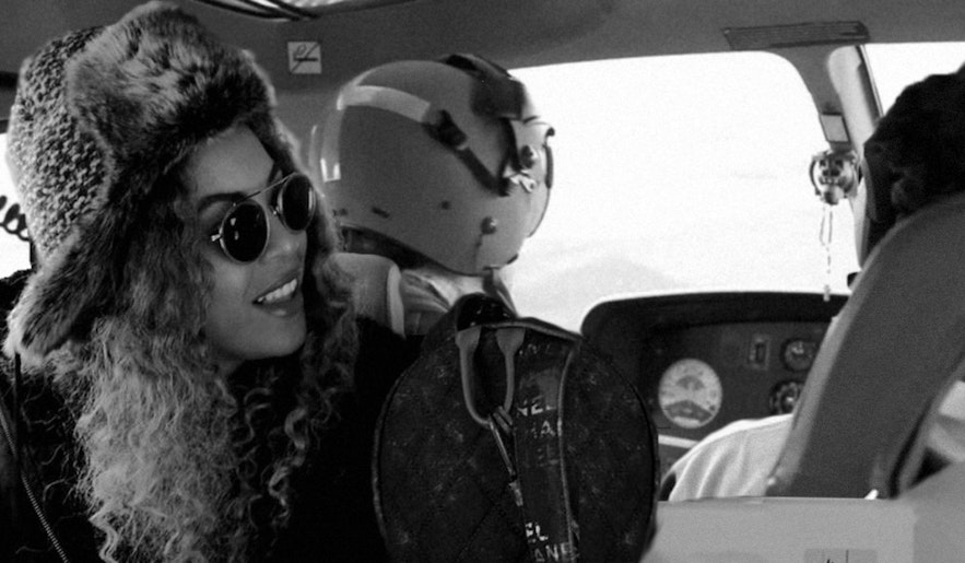 Beyoncé Knowles wearing 66°North during a helicoper tour in Iceland