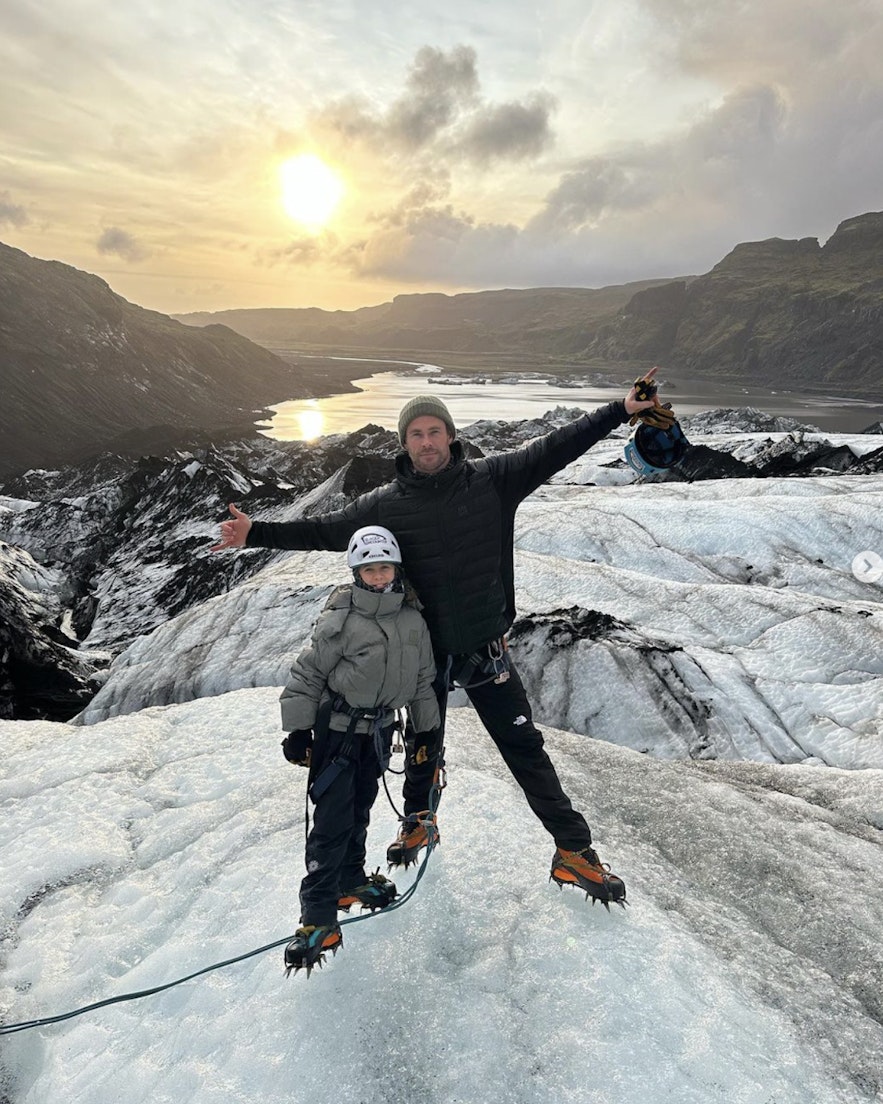 Actor Chris Hemsworth wearing 66°North while on a glacier hike in Iceland